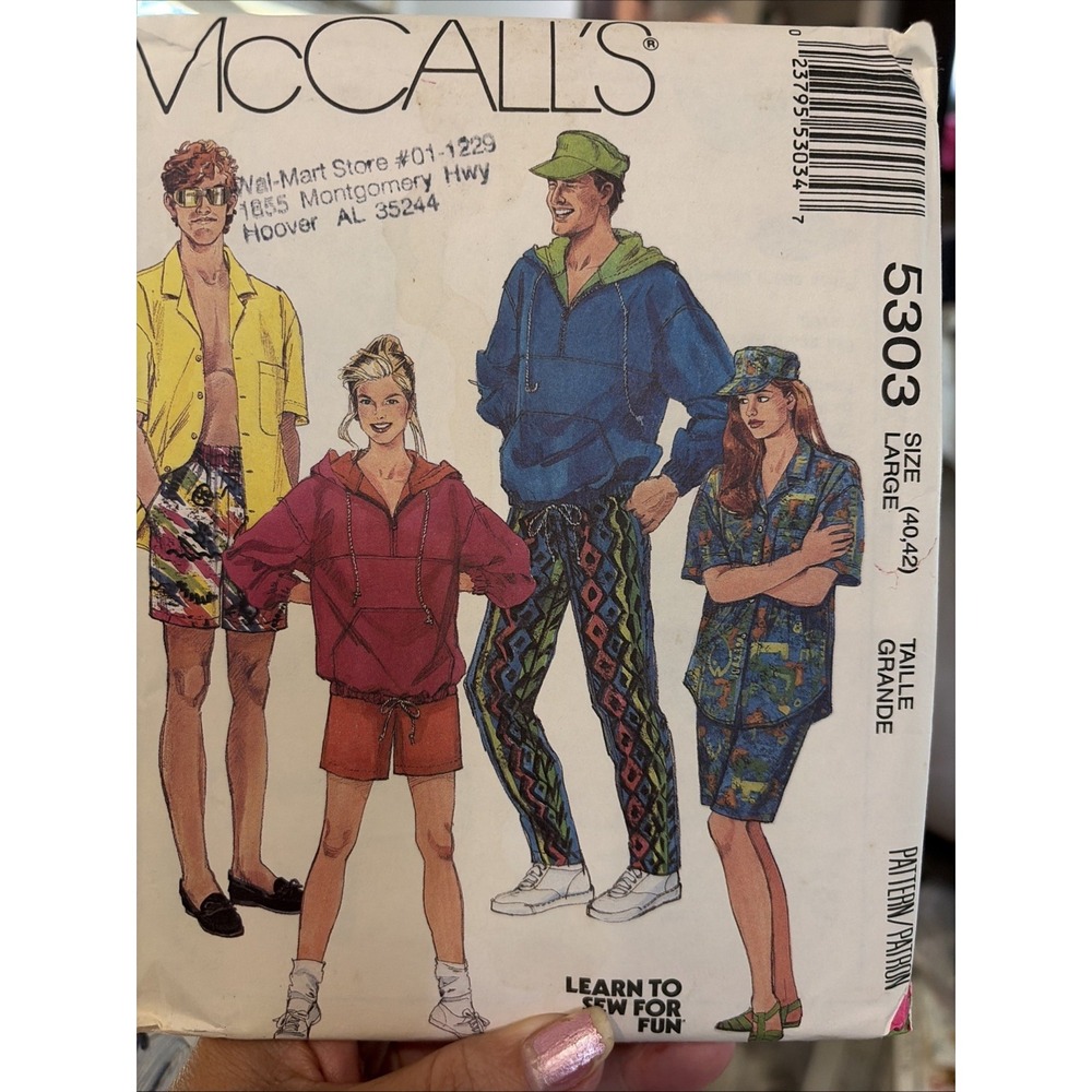McCall's 5303 Vintage 90s Pattern Mens Misses Hoodie Shirt Pants Hat L 40 42